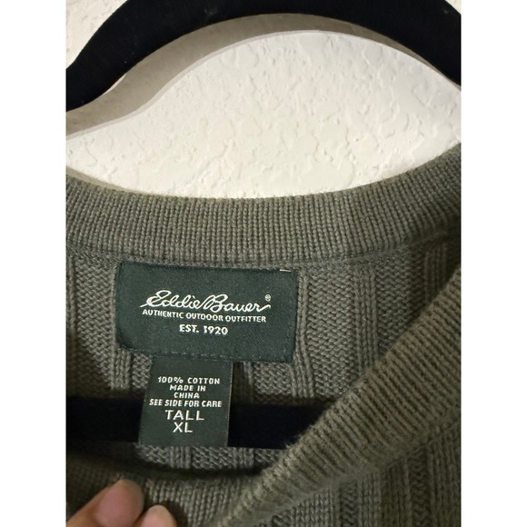 Eddie Bauer Vintage Men's Fishermen Olive Green Ribbed Crew Neck Sweater XL Tall - Picture 3 of 6